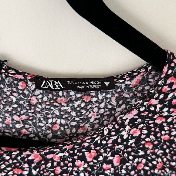 Zara black w/ pink florals flowy long sleeve puff sleeve mini dress bubble style - Picture 8 of 8